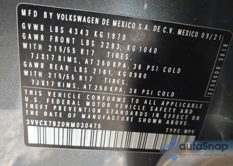 2022 Volkswagen Taos 1.5T S z USA, uszkodzony, nr VIN 3VVCX7B20NM030475